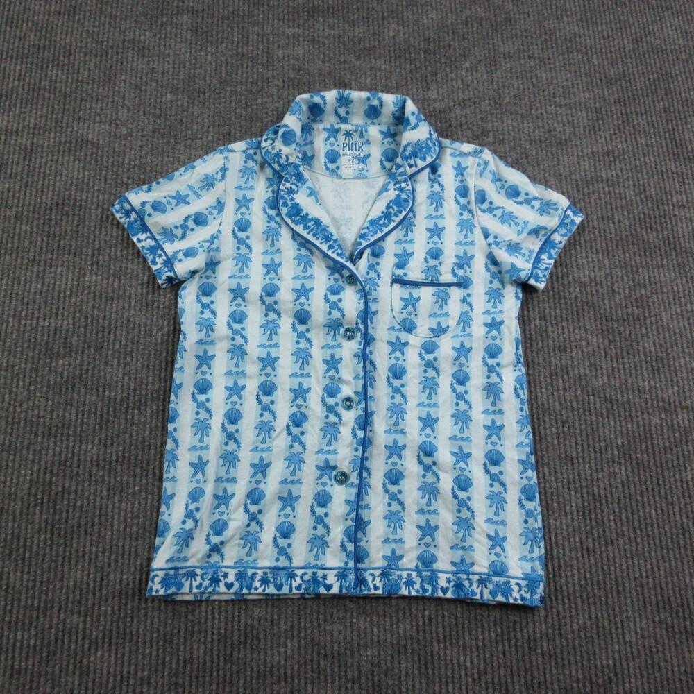 PINK Pajama Top Womens 2XS Blue Striped Palm Puff 100% Supima Cotton Collared